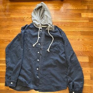 Mens corduroy blue long sleeve button down/jacket with attached gray hood